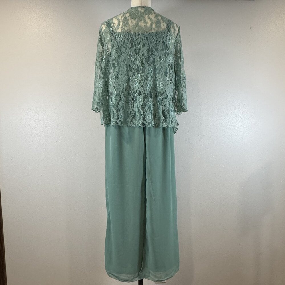 Womens Size 8 Sage Green Floral Lace Chiffon 3 Pc Pant Suit with Jacket Wide Leg - Picture 3 of 16